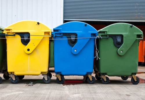 Construction site with organized waste containers in West Ham